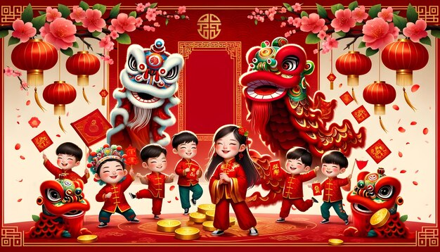 Chińska Scena świętowania Nowego Roku Z Tradycyjnym Tańcem Smoka I Lwa