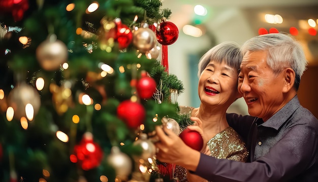 Chińska starsza para dekoruje choinkę świąteczną koncepcją Nowego Roku