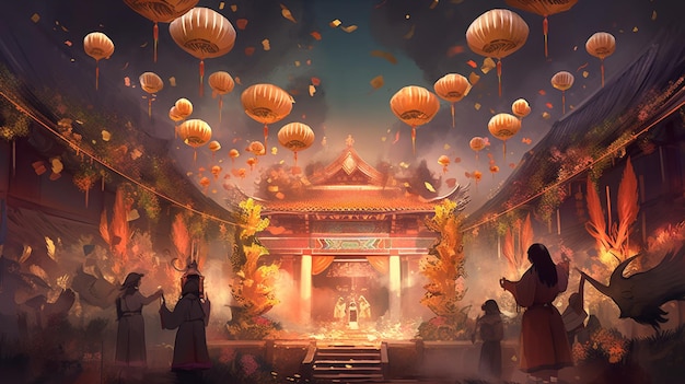 Chińska świątynia z latarnią w tle