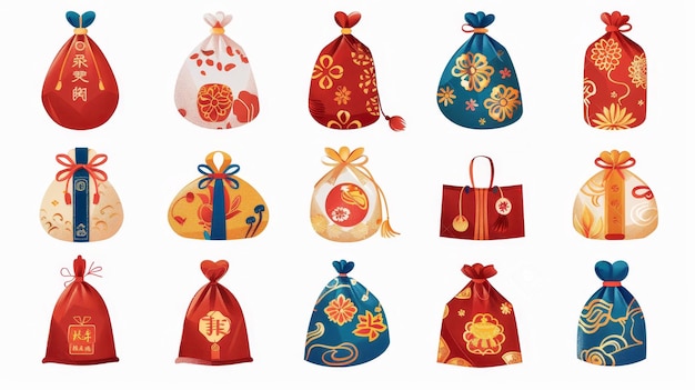 Chińska torebka szczęścia z orientalno-azjatycką torebką pieniężną szczęścia Szczęście tłumaczenie tekstu koreańskie prezenty noworoczne kieszeni dla bogactwa Izolowane na białej płaskiej nowoczesnej ilustracji