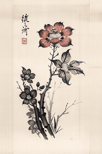Chiński akwarelowy styl atramentu starożytny obraz kwiatowy Kolekcja kwiatów Wystawa sztuki