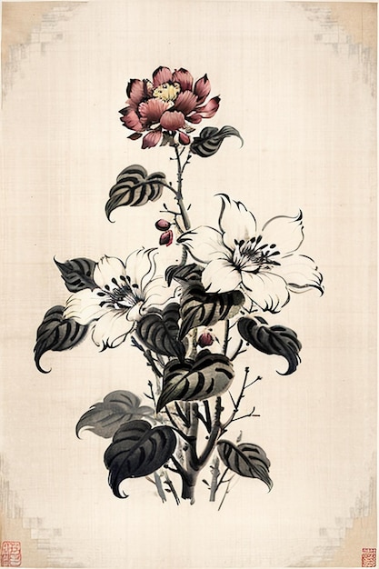 Zdjęcie chiński akwarelowy styl atramentu starożytny obraz kwiatowy kolekcja kwiatów wystawa sztuki