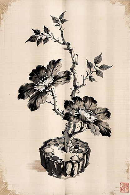 Chiński akwarelowy styl atramentu starożytny obraz kwiatowy Kolekcja kwiatów Wystawa sztuki