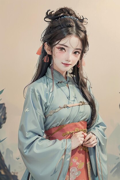 Chiński atrament akwarelowy w stylu Hanfu piękno portret popiersie malarstwo tapeta tło ilustracja
