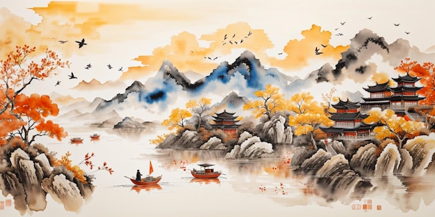 Chiński atrament akwarelowy w stylu krajobrazu, malarstwa abstrakcyjnego, sztuki tapety