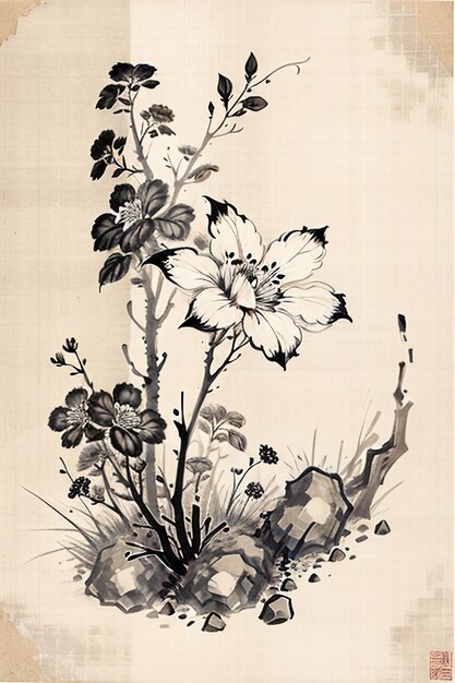 Chiński atrament akwarelowy w stylu starożytnego malarstwa kwiatowego Wystawa sztuki kolekcji kolekcji kwiatów