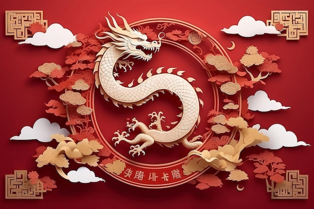 Chiński baner Szczęśliwego Nowego Roku 2024 plakat Tradycyjna sylwetka smoka ikona papieru 3d
