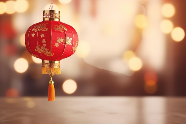 Chiński lampion wiszący na zamazanym wakacyjnym tle