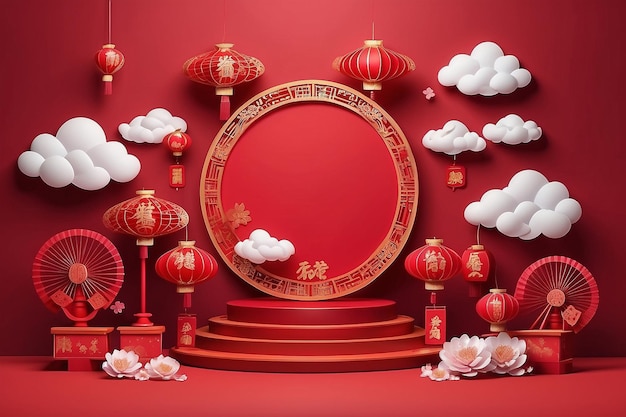 Chiński nowy rok baner do demonstracji produktu Czerwony piedestal lub podium z składanymi wentylatorami