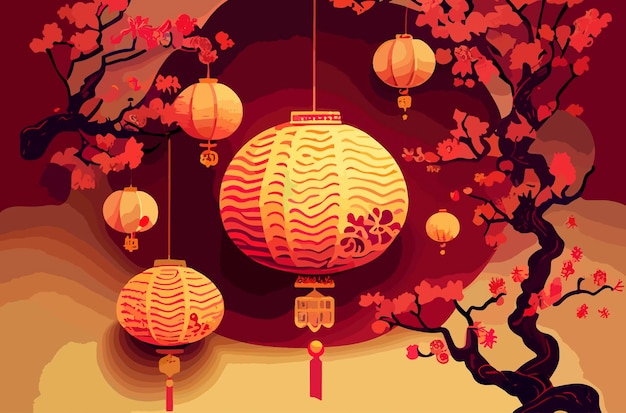 Chiński Nowy Rok czerwone tło z wiszącymi lampionami