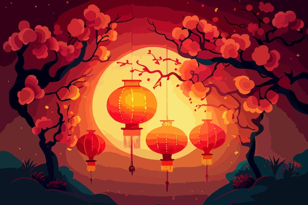 Chiński Nowy Rok czerwone tło z wiszącymi lampionami