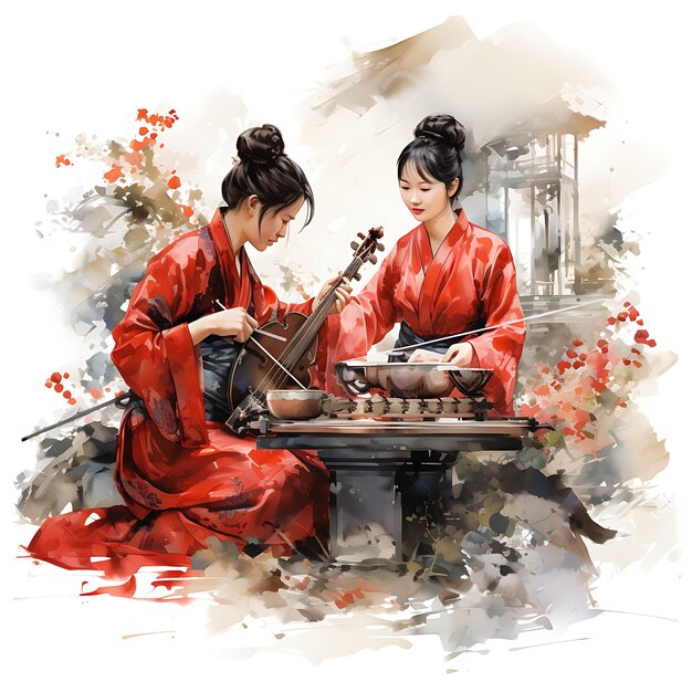 Zdjęcie chiński nowy rok ilustracja akwarelowa żywe chińskie przedmioty i dekoracje na białym bg