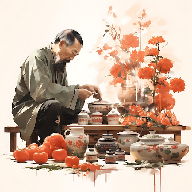 Chiński Nowy Rok Ilustracja akwarelowa Żywe chińskie przedmioty i dekoracje na białym BG