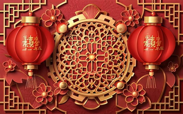 Chiński Nowy Rok Księżycowy Czerwona Latarnia Dekoracyjna Granica 3d renderowanie