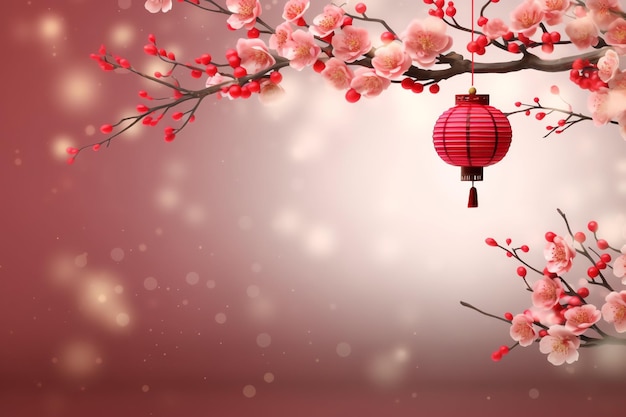 Chiński Nowy Rok na tle z tradycyjnymi latarniami, kwiatami sakury i kopiowaniem przestrzeni Nowy Rok księżycowy