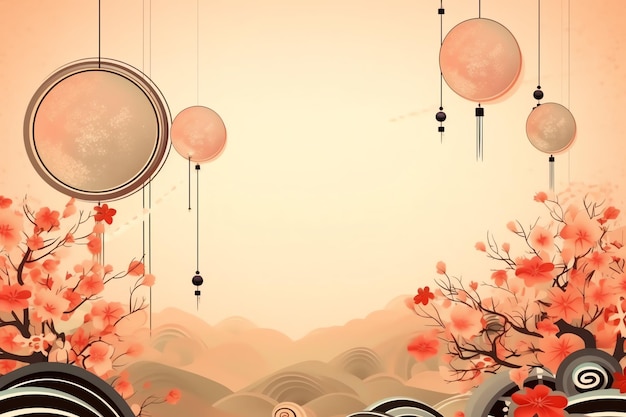 Zdjęcie chiński nowy rok na tle z tradycyjnymi latarniami, kwiatami sakury i kopiowaniem przestrzeni nowy rok księżycowy