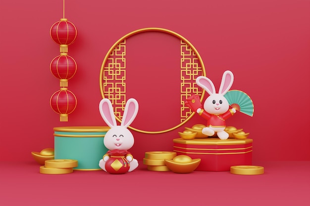 Chiński nowy rok sztandar 3D słodki królik trzymający torbę fortuny z bogatymi złotymi pieniędzmi i świątecznymi lampionami Chińskie festiwale Księżycowy CYN 2023 Rok Królika Renderowanie 3d