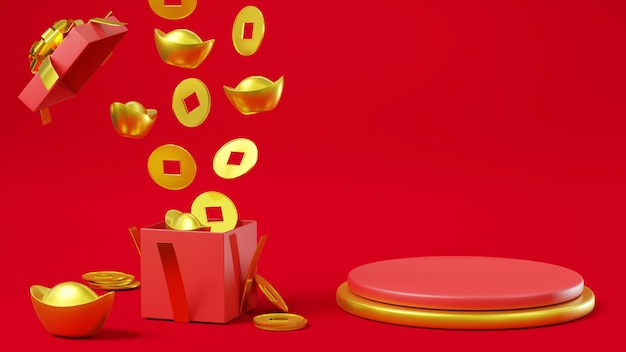 Chiński Nowy Rok Wyświetl Cylinder Podium Złote Monety I Sztabki Odpadają Do Otwartego Czerwonego Pudełka Upominkowego