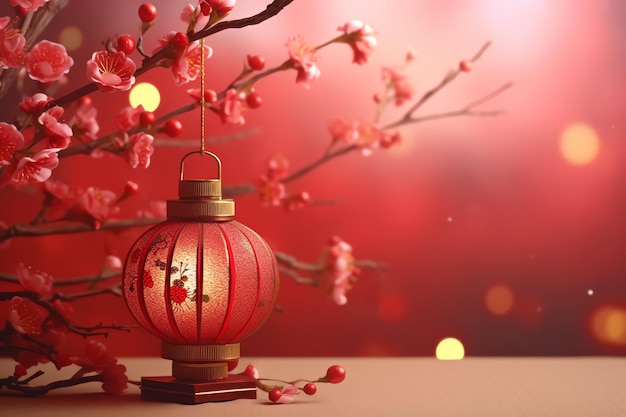 Chiński Nowy Rok z tradycyjnymi latarniami, kwiatami sakury i kopią przestrzeni Nowy Rok Księżycowy