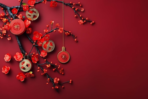 Chiński Nowy Rok z tradycyjnymi latarniami, kwiatami sakury i kopią przestrzeni Nowy Rok Księżycowy