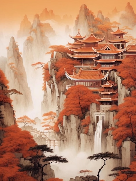 Chiński obraz góry z wodospadem i pagodą generatywny ai