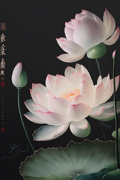 Chiński plakat z kwiatem lotosu i napisem lotos.