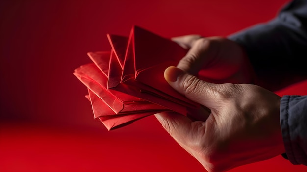 Chiński projekt Nowego Roku przedstawiający ręce mężczyzny trzymające tradycyjne koperty