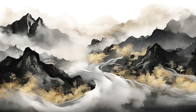 Chiński styl malarstwo pejzażowe tuszem malowanie tuszem złoty niebieski szary krajobraz Japonia