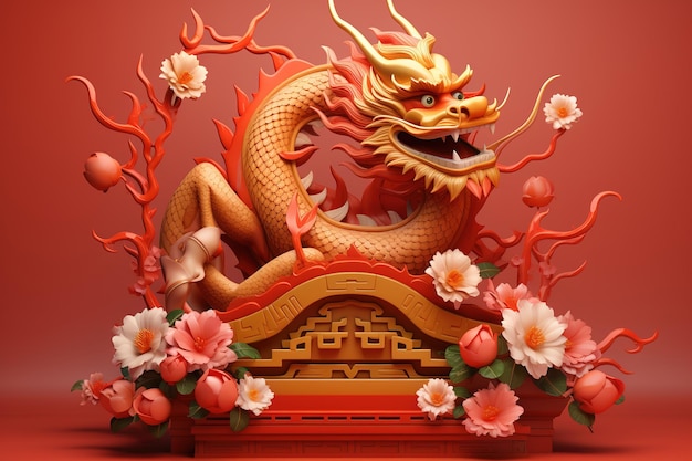 Chiński styl posąg smoka z kwiatem na czerwonym tle 3d rendering Ai Generated