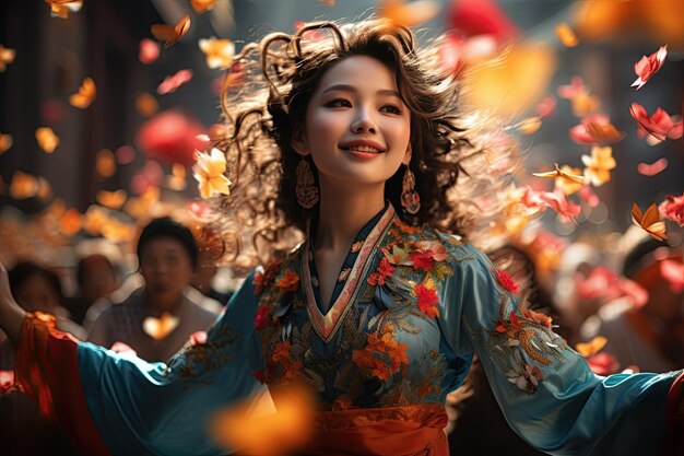 Chiński tradycyjny kostium Artysta ozdobiony kolorowym tradycyjnym strojem na przedstawienia kulturowe generowany za pomocą sztucznej inteligencji