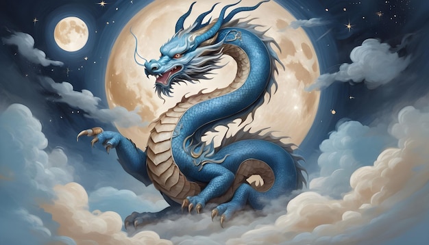 Chiński znak zodiaku Smok smok z pełnią księżyca za nim