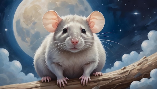 Chiński znak zodiaku Szczur mysz siedzi na drewnie z niebem na tle