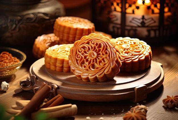 chińskie ciasteczka księżycowe na drewnianym talerzu w stylu wirujących wirów