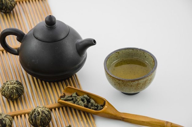 Chińskie filiżanki herbaty oolong z tradycyjnym czajnikiem na białym tle