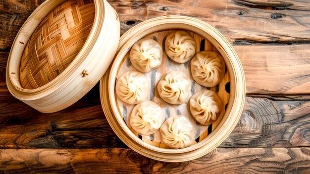 Chińskie knedle Xiao Long Bao w bambusowym parowcuxA