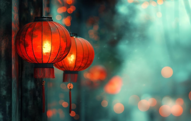 Zdjęcie chińskie latarnie dekoracyjne na świętowanie chińskiego nowego roku w nocy na ulicy