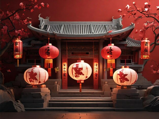Chińskie latarnie noworoczne ożywiają fascynujący styl ilustracji 3D