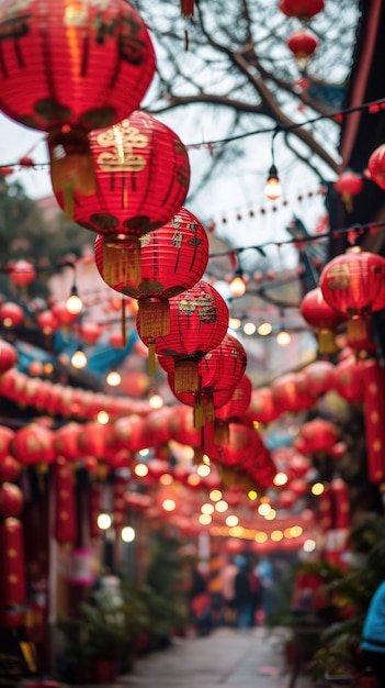 Chińskie latarnie wieczorem na ulicach miasta chińskie świętowanie Nowego Roku przestrzeń dla tekstu
