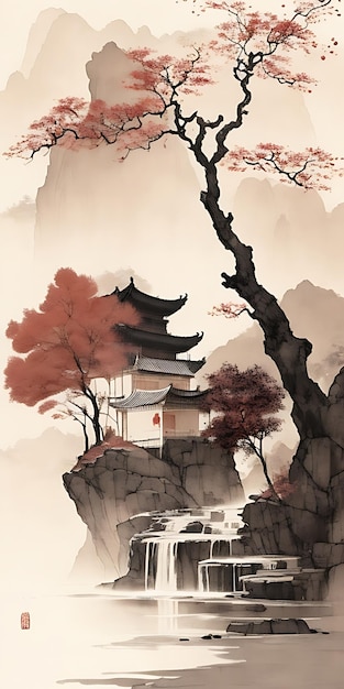 chińskie malarstwo tuszem stonowane kolory ilustracji