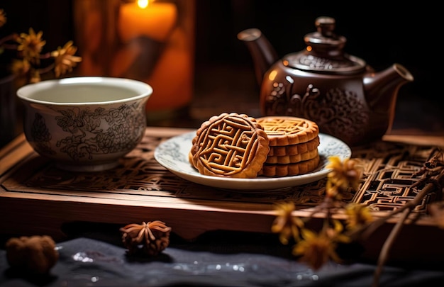 chińskie noworoczne ciasto księżycowe z herbatą w filiżance na stole w stylu motywów inspirowanych naturą