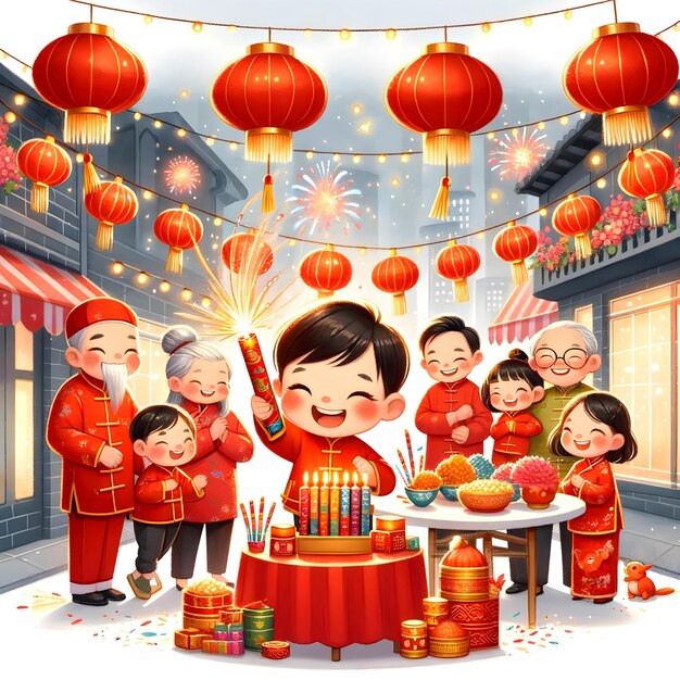 Chińskie świętowanie Nowego Roku w rodzinie z fajerwerkami