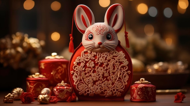 Zdjęcie chińskie świętowanie nowego roku z królikiem w torbie z pieniędzmi szczęśliwego nowego roku tło hd tło