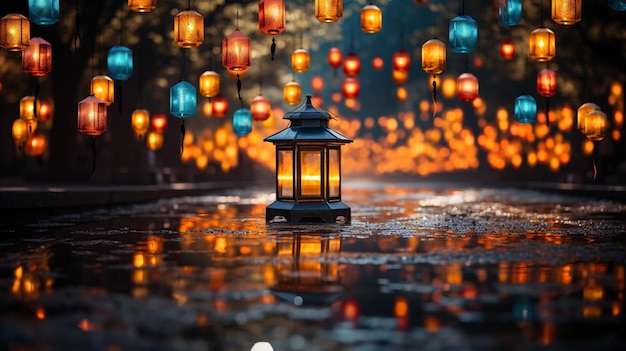 Zdjęcie chińskie świętowanie nowego roku z latarniami z migoczącym światłem w nocy