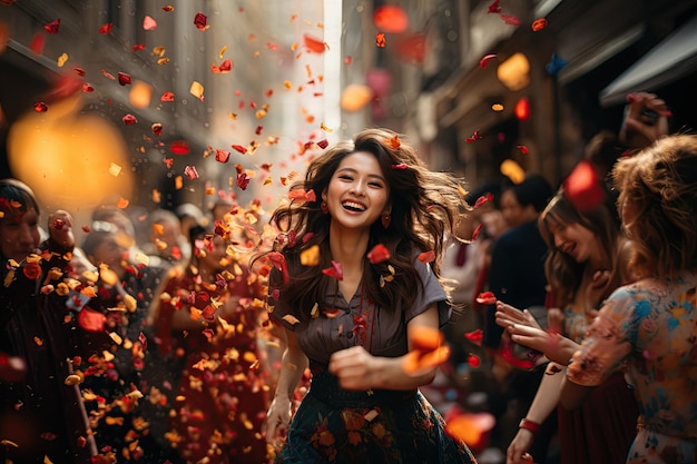 Chińskie uroczystości uliczne Tętniące życiem ulice wypełnione kolorowymi dekoracjami i żywymi paradami