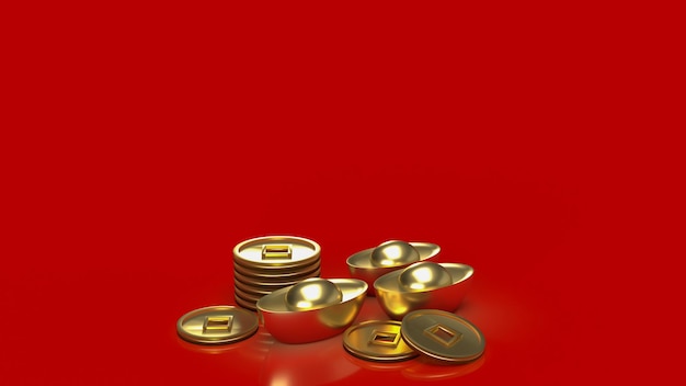 Chińskie złote pieniądze na czerwonym tle do renderowania 3d koncepcji biznesowej lub wakacyjnej