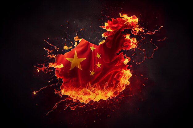 Chiny płonąca flaga Chiny konflikt wojenny pożar kryzys koncepcja Generative AI
