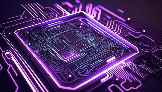 Chip komputerowy z fioletowymi światłami i fioletowymi światłami