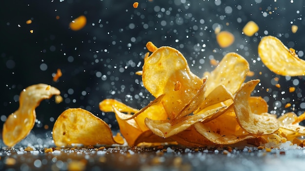 Chipsy ziemniaczane spadają Latające chipsy z bliska