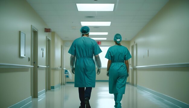 Chirurg i lekarz przechodzą przez szpital.