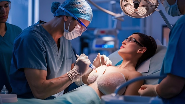 Chirurg plastyczny wstrzykuje do piersi kobiety.